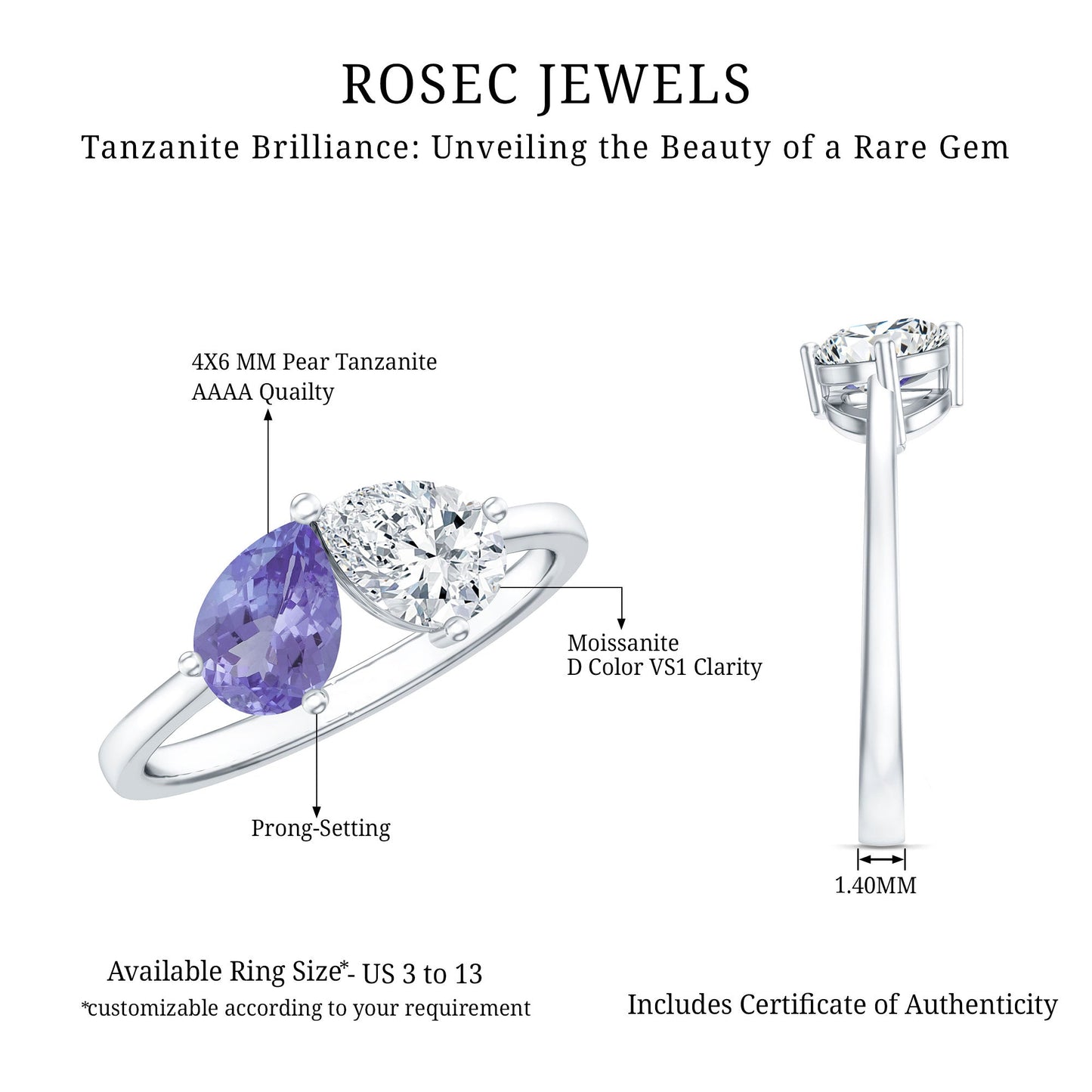 Pear Shaped Tanzanite Moissanite Two Stone Promise Ring in Silver