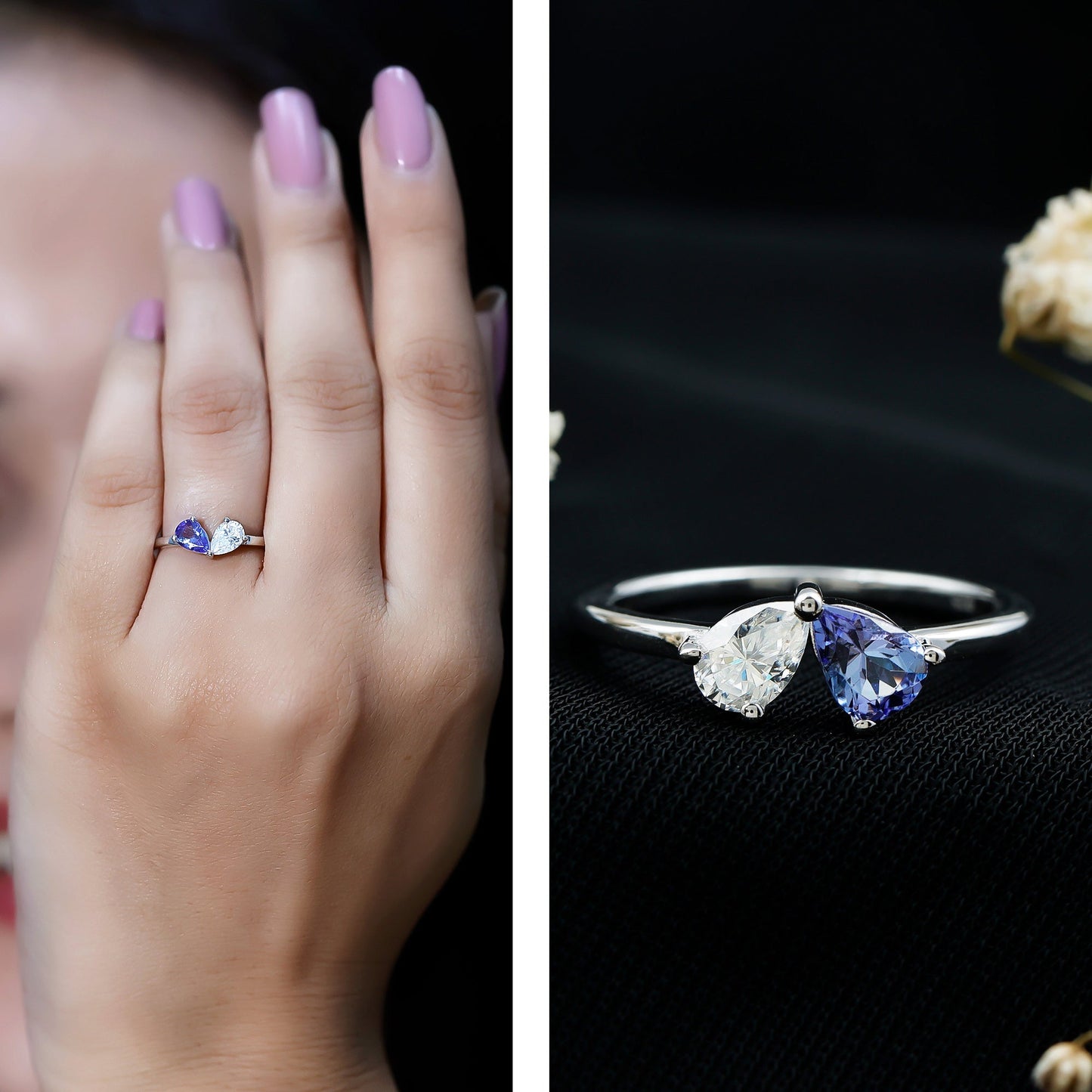 Pear Shaped Tanzanite Moissanite Two Stone Promise Ring in Silver
