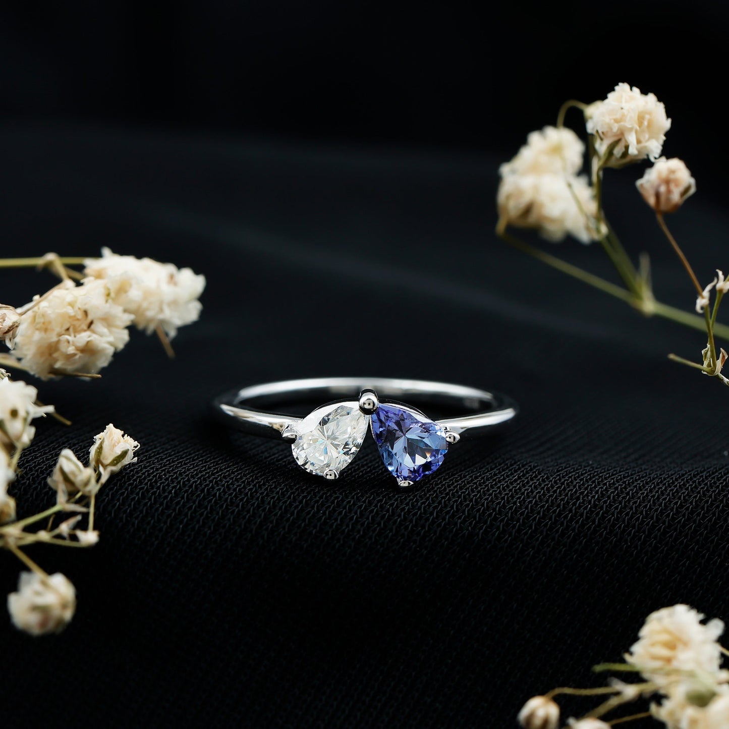 Pear Shaped Tanzanite Moissanite Two Stone Promise Ring in Silver