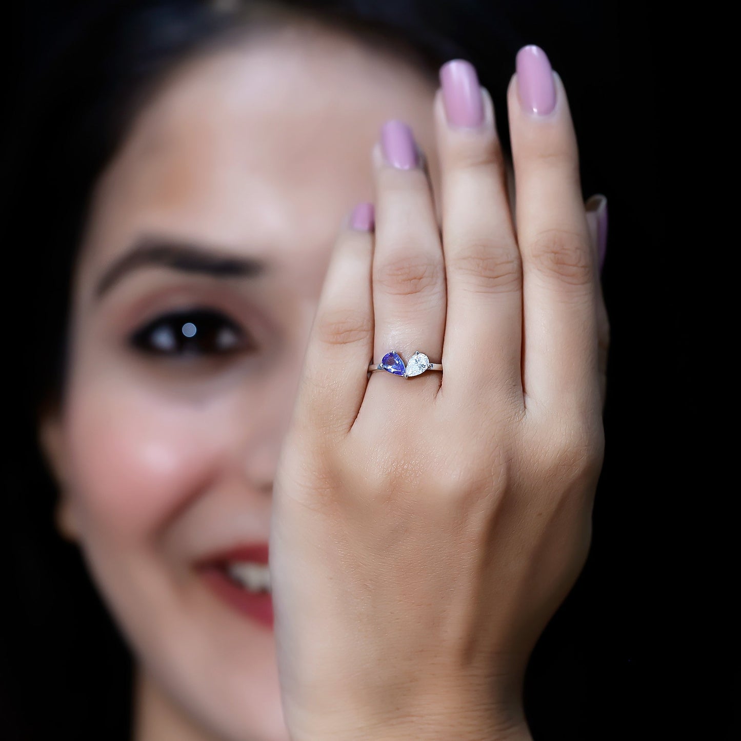 Pear Shaped Tanzanite Moissanite Two Stone Promise Ring in Silver