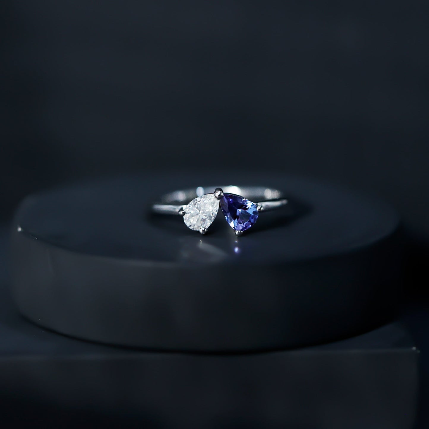 Pear Shaped Tanzanite Moissanite Two Stone Promise Ring in Silver