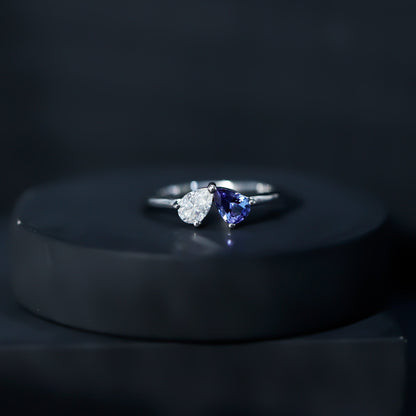 Pear Shaped Tanzanite Moissanite Two Stone Promise Ring in Silver