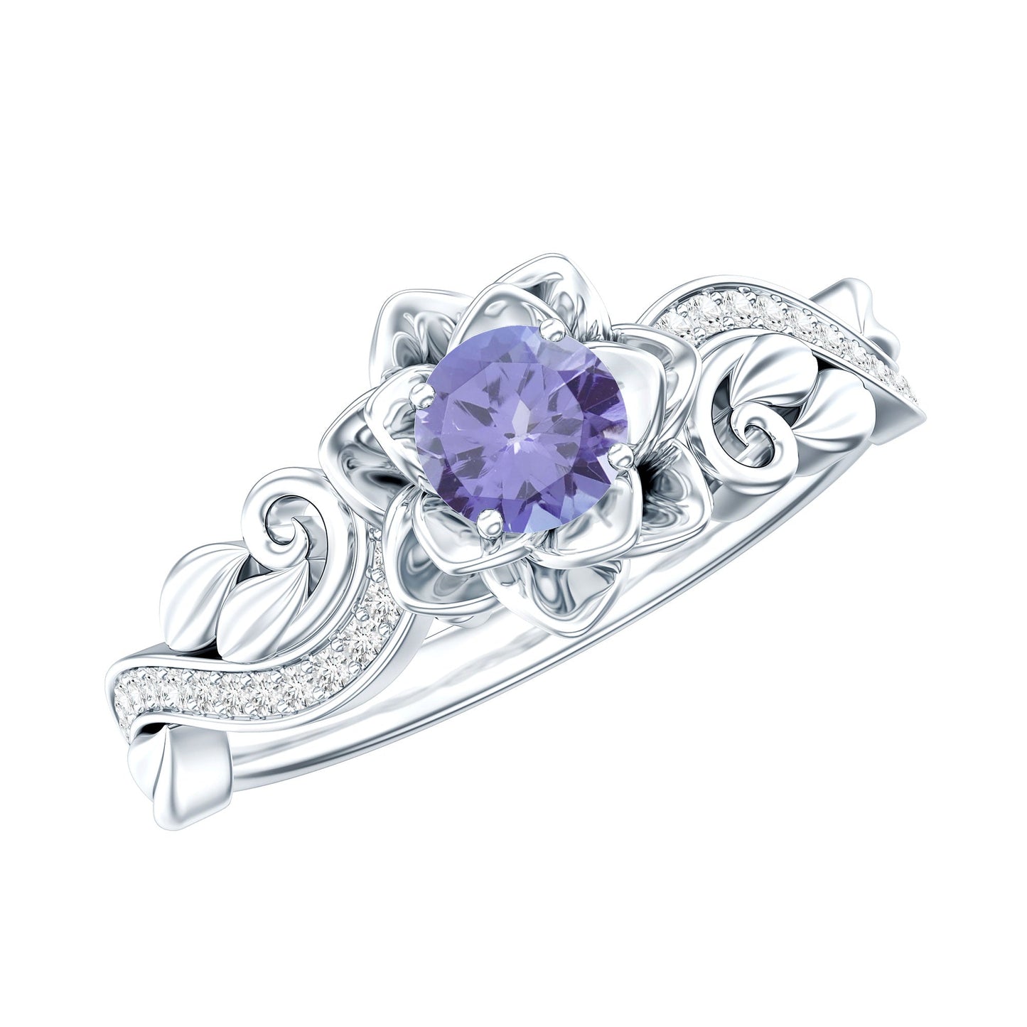 Certified Tanzanite and Diamond Flower Engagement Ring in Silver