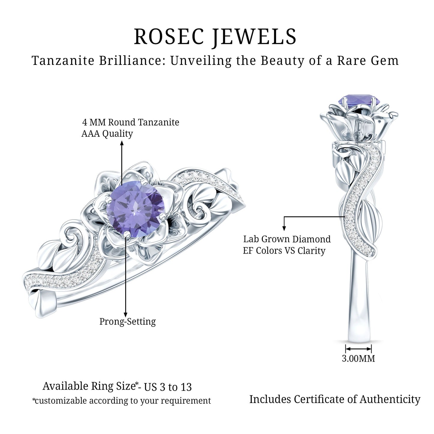 Certified Tanzanite and Diamond Flower Engagement Ring in Silver