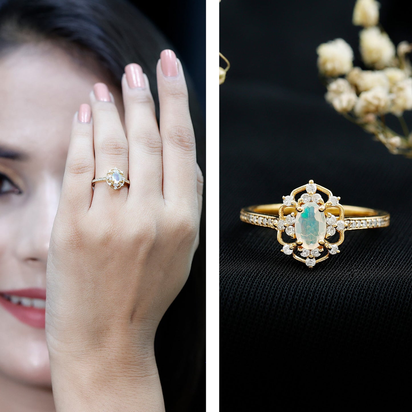 Vintage Looking 0.50 Carat Ethiopian Opal Oval Engagement Ring with Diamond Accent
