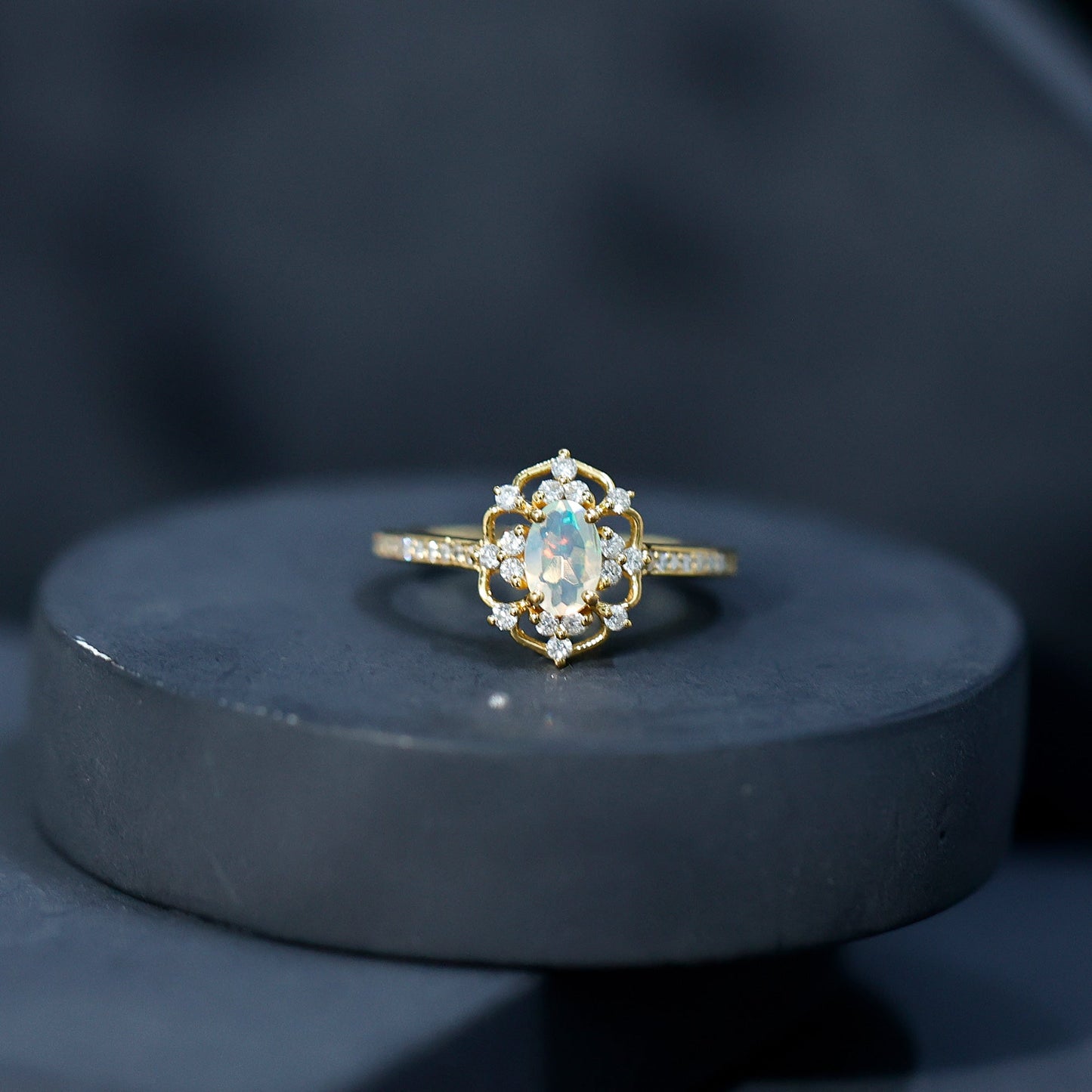 Vintage Looking 0.50 Carat Ethiopian Opal Oval Engagement Ring with Diamond Accent