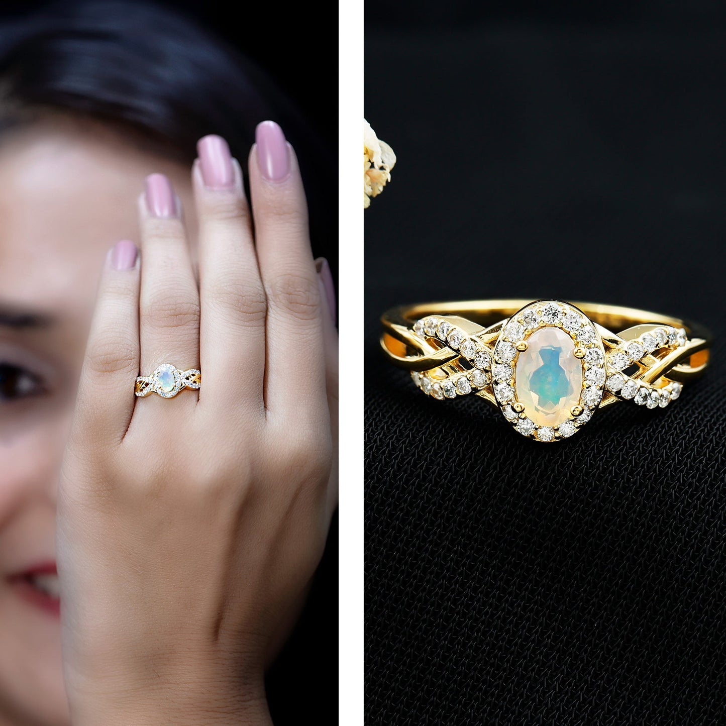 Genuine Ethiopian Opal and Diamond Oval Engagement Ring