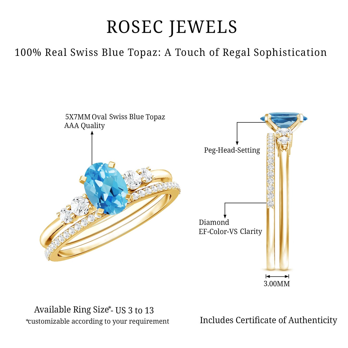 Oval Swiss Blue Topaz Diamond Wedding Ring Set in Silver