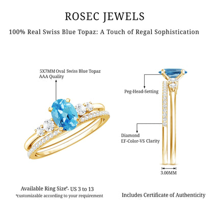 Oval Swiss Blue Topaz Diamond Wedding Ring Set in Silver