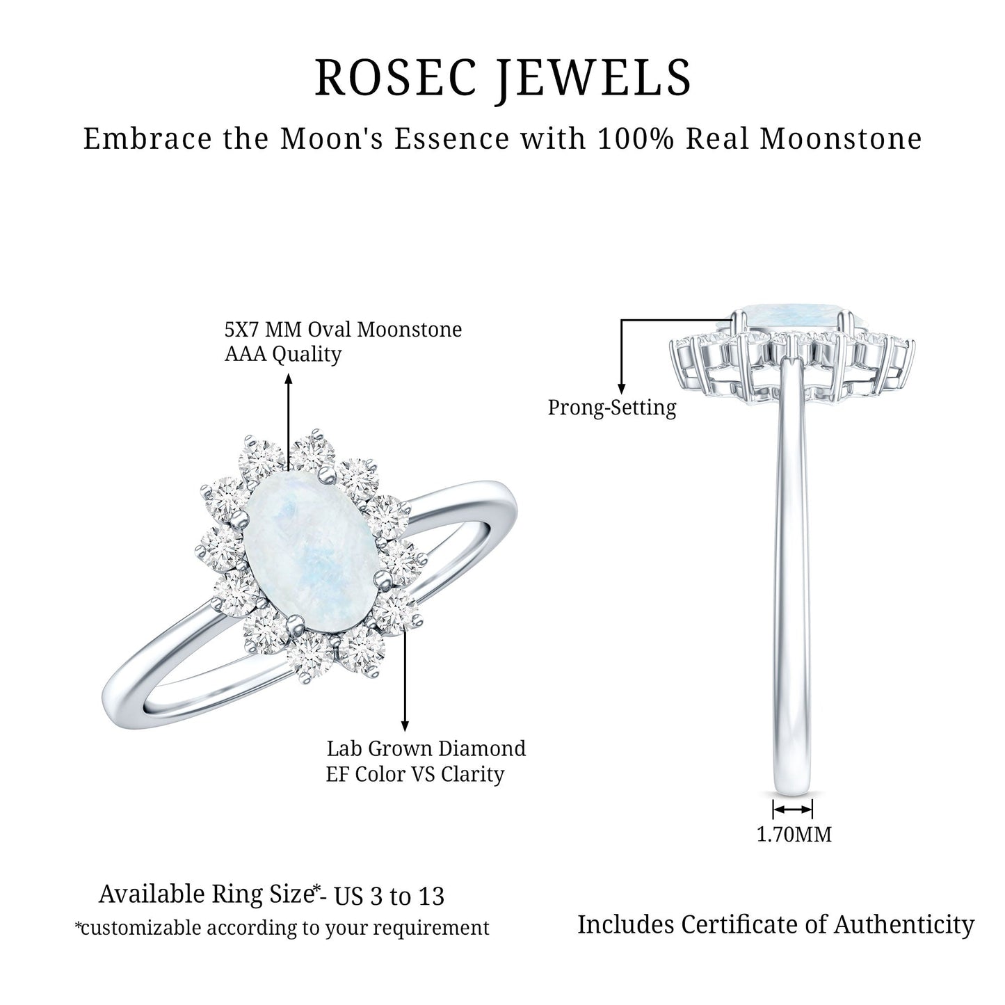 Natural 1 Carat Oval Cut Moonstone and Diamond Engagement Ring
