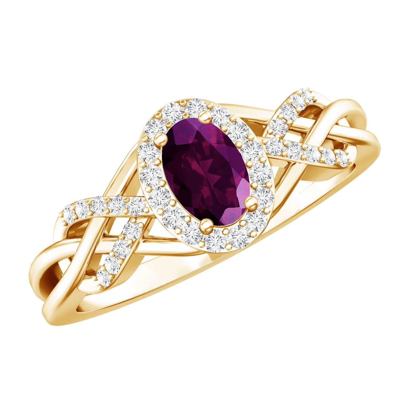 Genuine Rhodolite Garnet and Diamond Criss Cross Engagement Ring