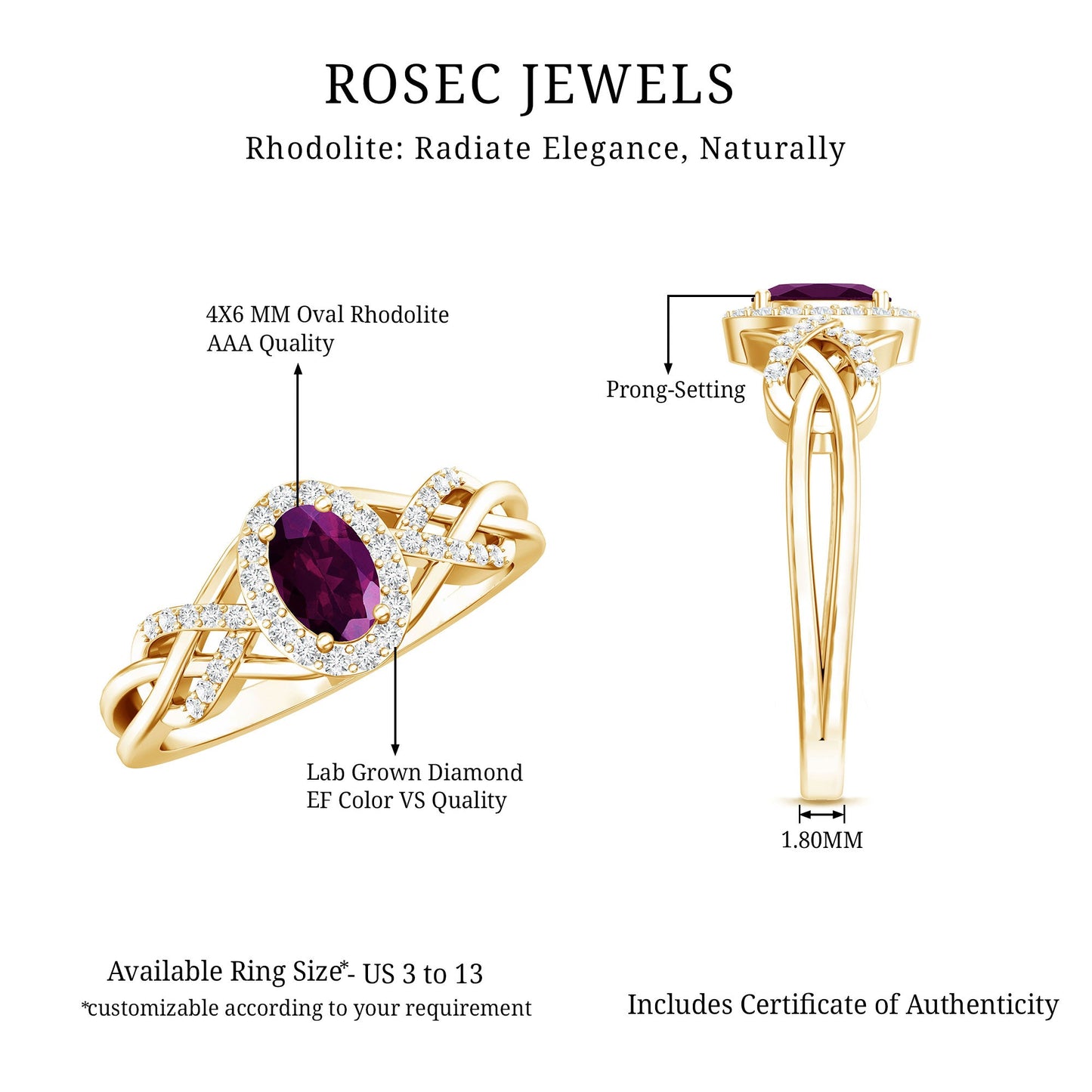 Genuine Rhodolite Garnet and Diamond Criss Cross Engagement Ring
