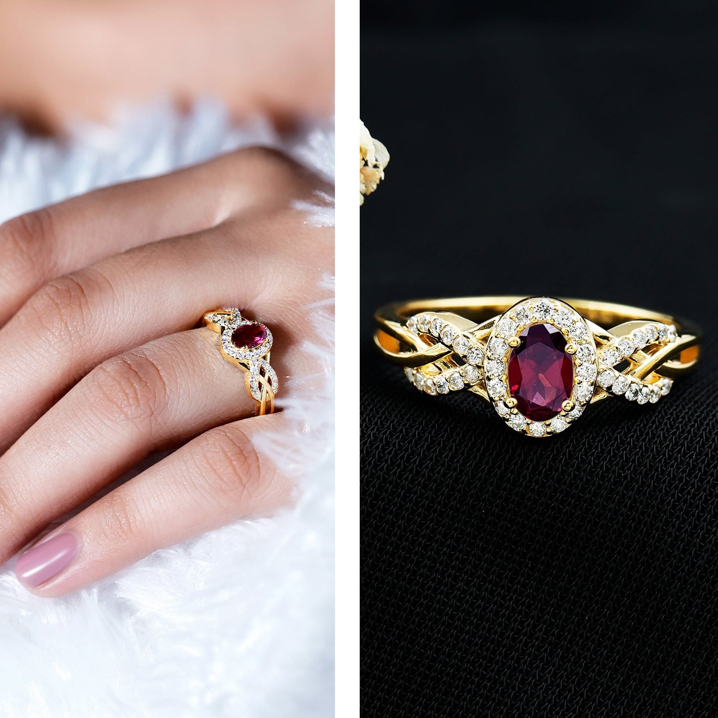 Genuine Rhodolite Garnet and Diamond Criss Cross Engagement Ring