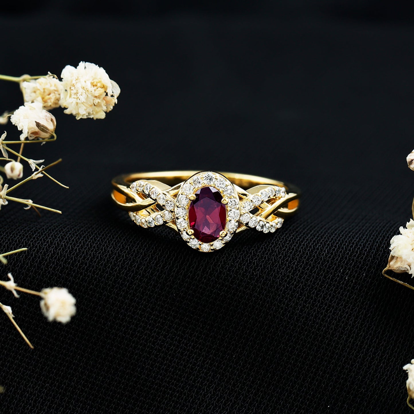 Genuine Rhodolite Garnet and Diamond Criss Cross Engagement Ring