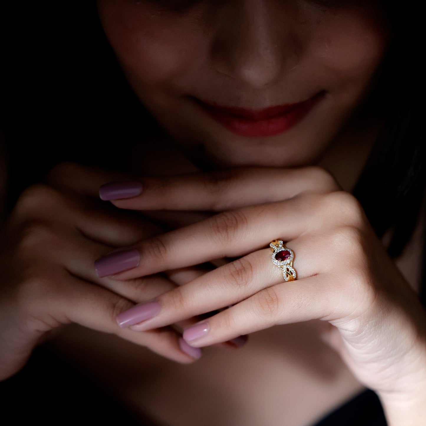 Genuine Rhodolite Garnet and Diamond Criss Cross Engagement Ring