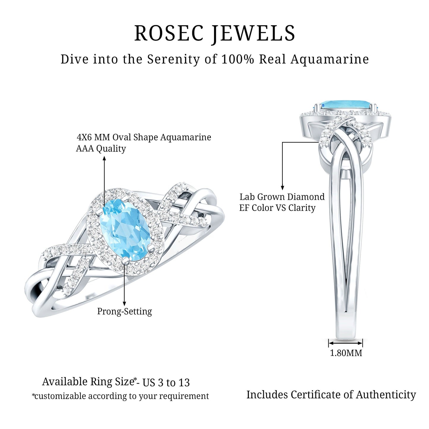 Genuine Aquamarine and Diamond Designer Engagement Ring in Silver