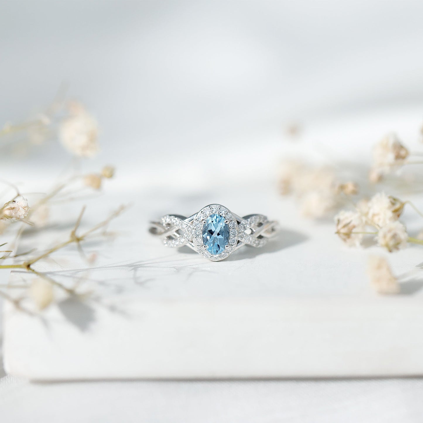 Genuine Aquamarine and Diamond Designer Engagement Ring in Silver