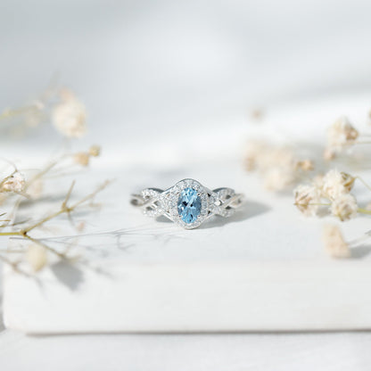 Genuine Aquamarine and Diamond Designer Engagement Ring in Silver