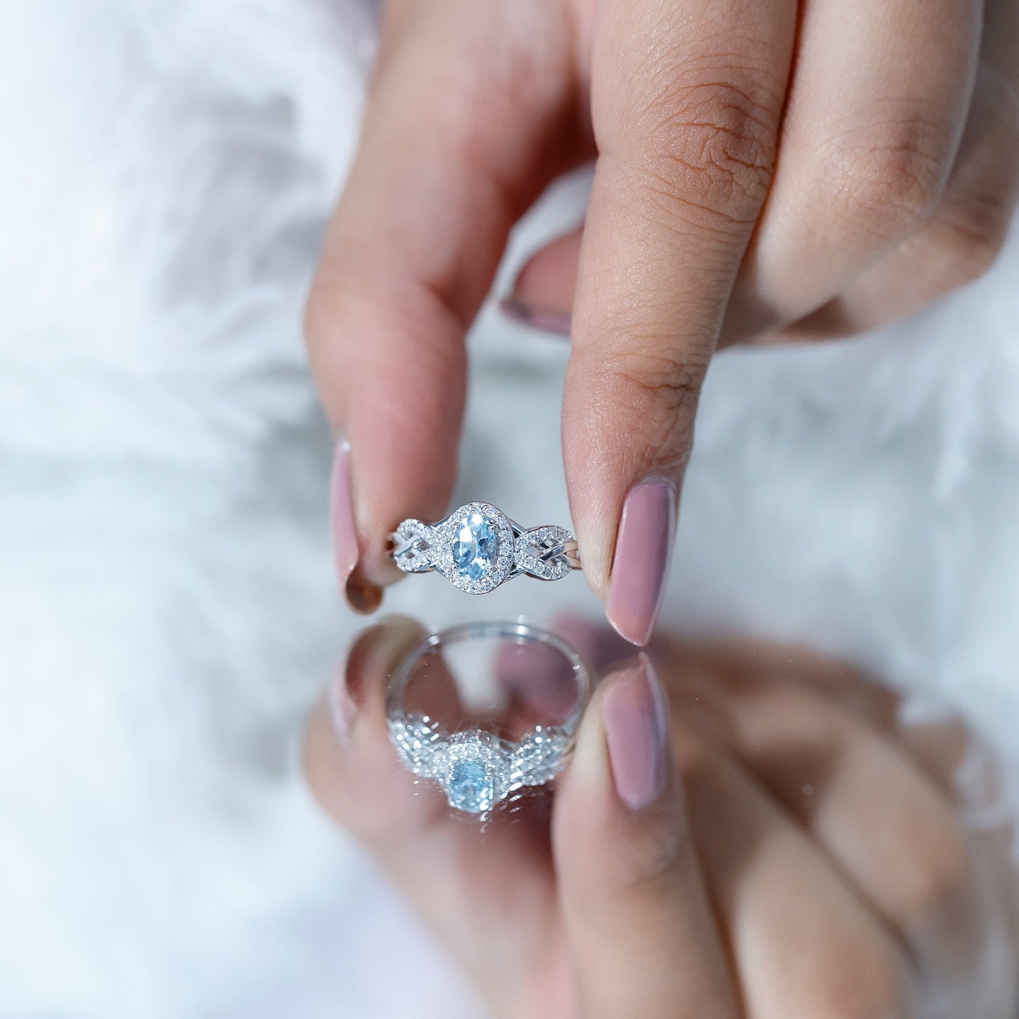 Genuine Aquamarine and Diamond Designer Engagement Ring in Silver