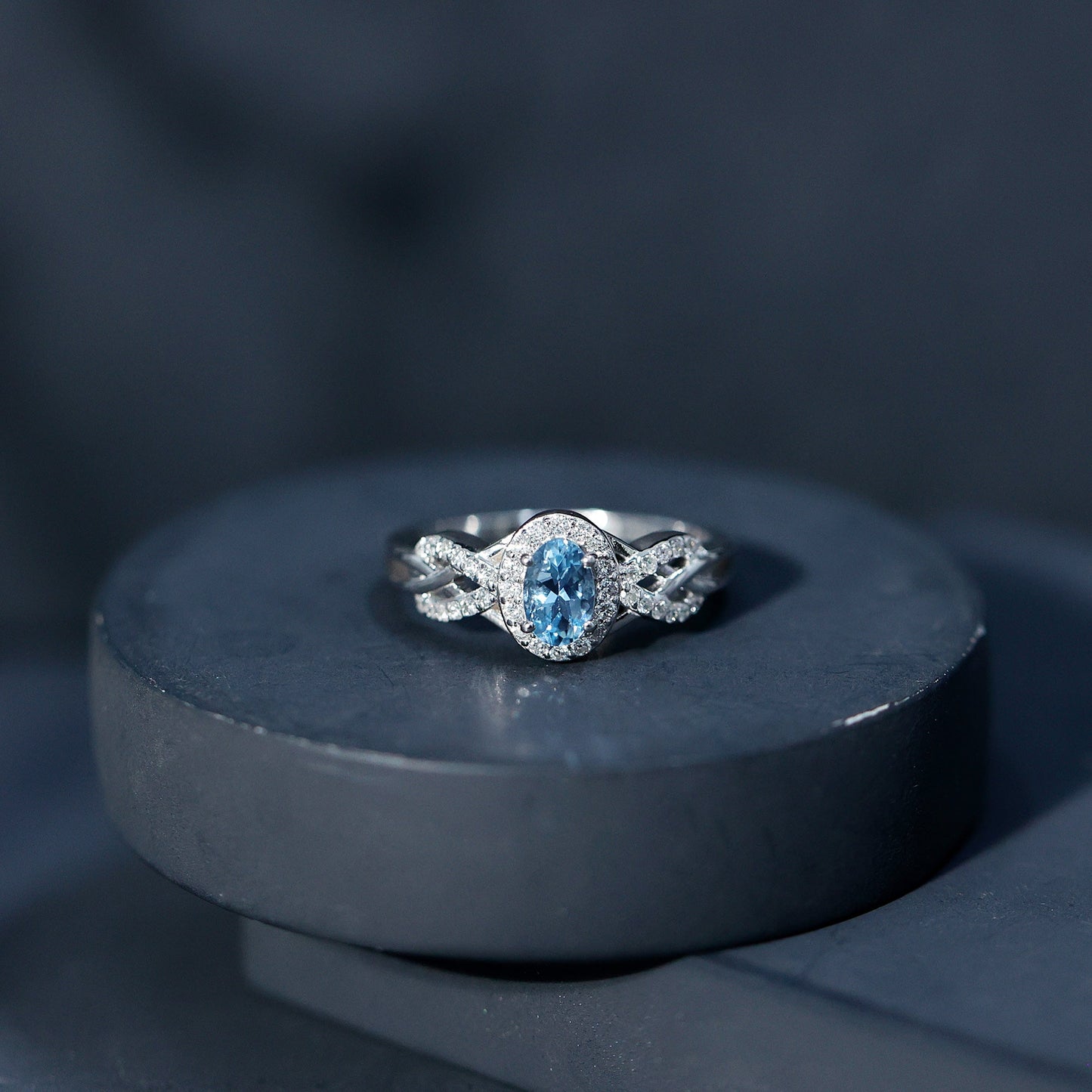 Genuine Aquamarine and Diamond Designer Engagement Ring in Silver