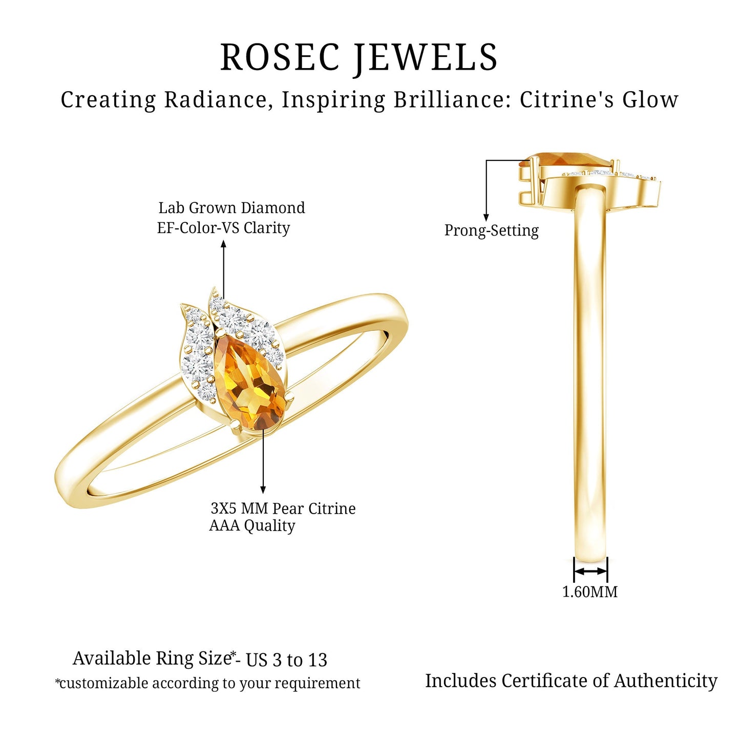 Minimalist Citrine and Diamond Promise Ring for Her in Silver