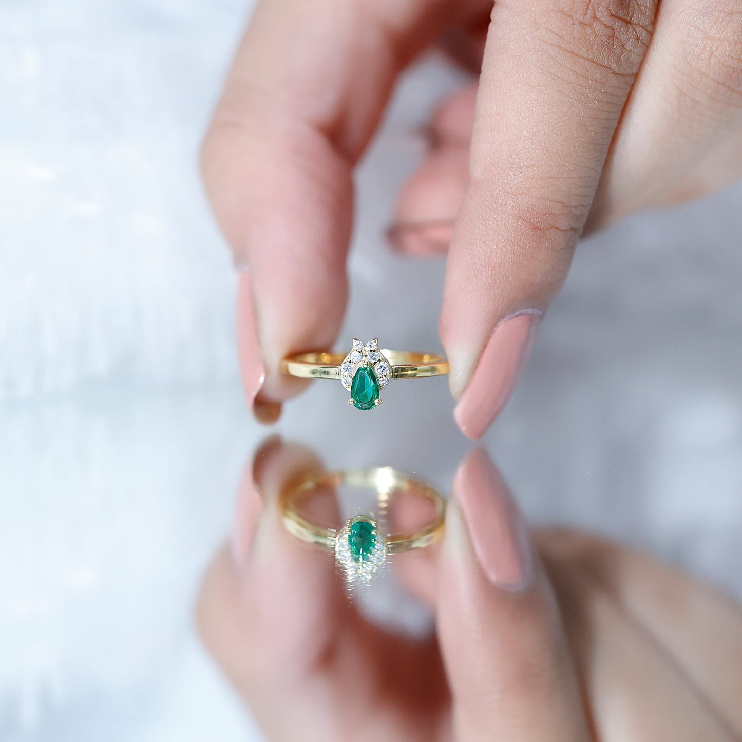 Womens Lab Grown Emerald and Diamond Promise Ring in Silver
