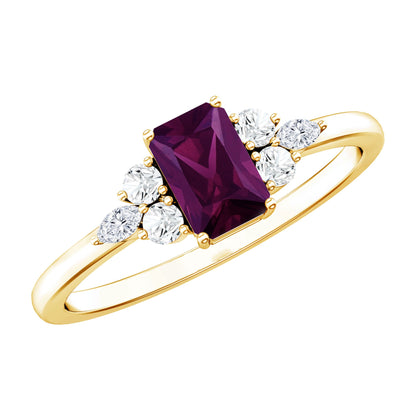 Certified Rhodolite Emerald Cut Engagement Ring with Diamond Trio