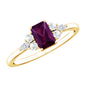 Certified Rhodolite Emerald Cut Engagement Ring with Diamond Trio