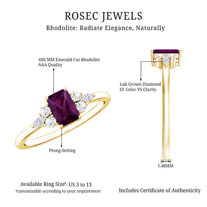 Certified Rhodolite Emerald Cut Engagement Ring with Diamond Trio
