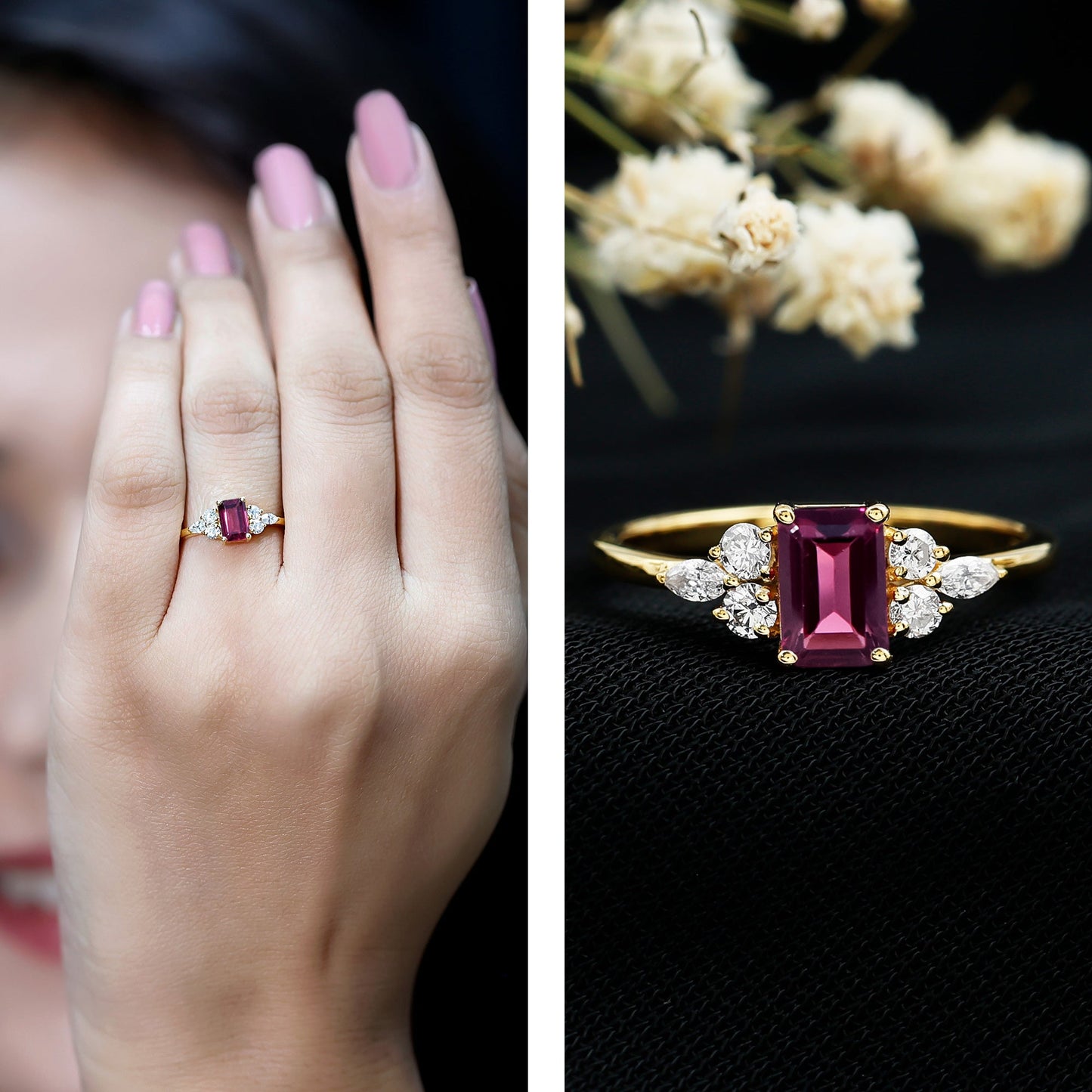 Certified Rhodolite Emerald Cut Engagement Ring with Diamond Trio