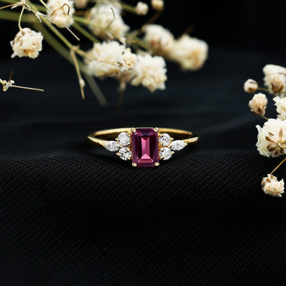 Certified Rhodolite Emerald Cut Engagement Ring with Diamond Trio