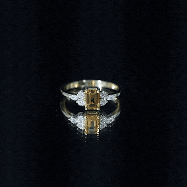 Natural 0.6 Carat Citrine Emerald Cut Engagement Ring with Diamond Trio