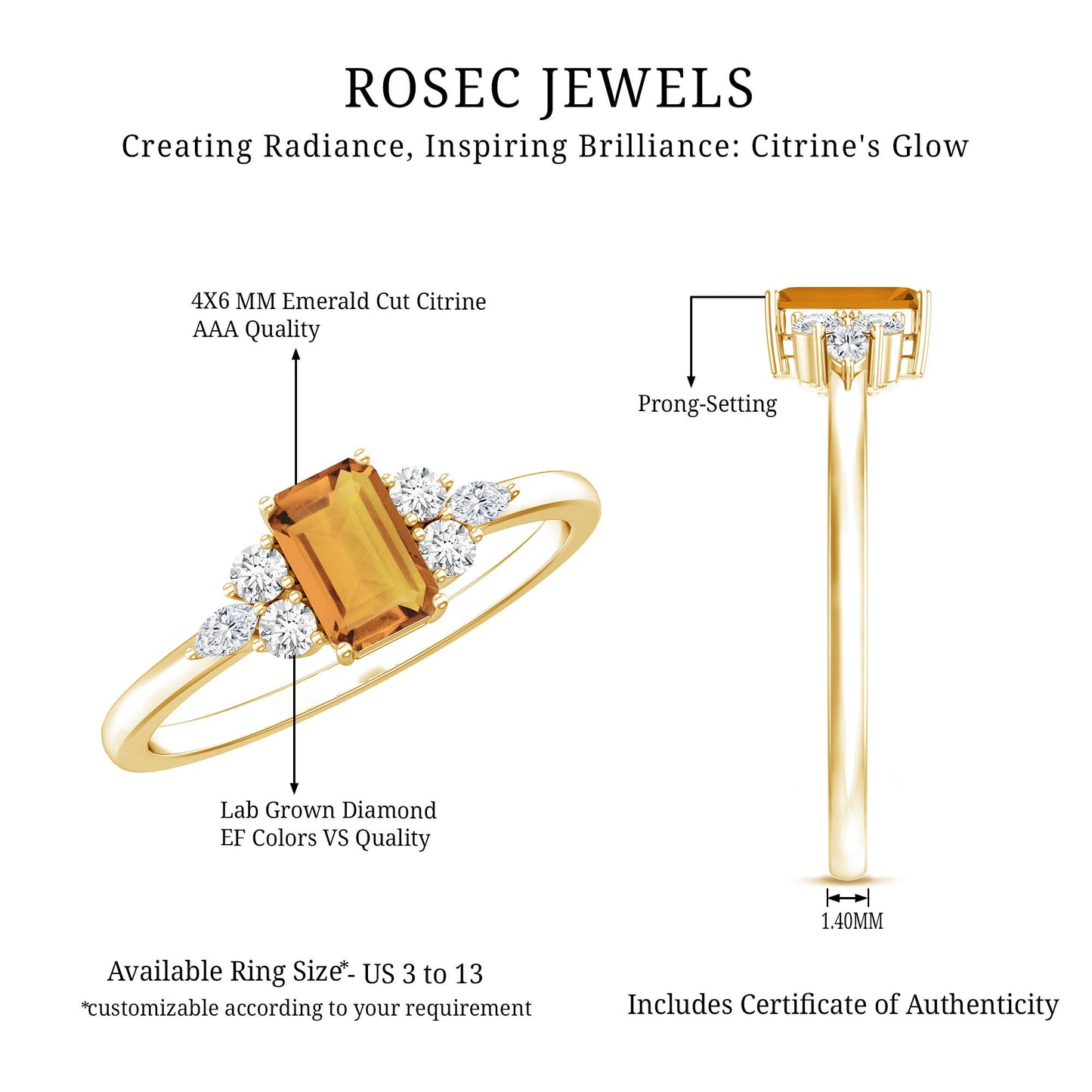 Natural 0.6 Carat Citrine Emerald Cut Engagement Ring with Diamond Trio