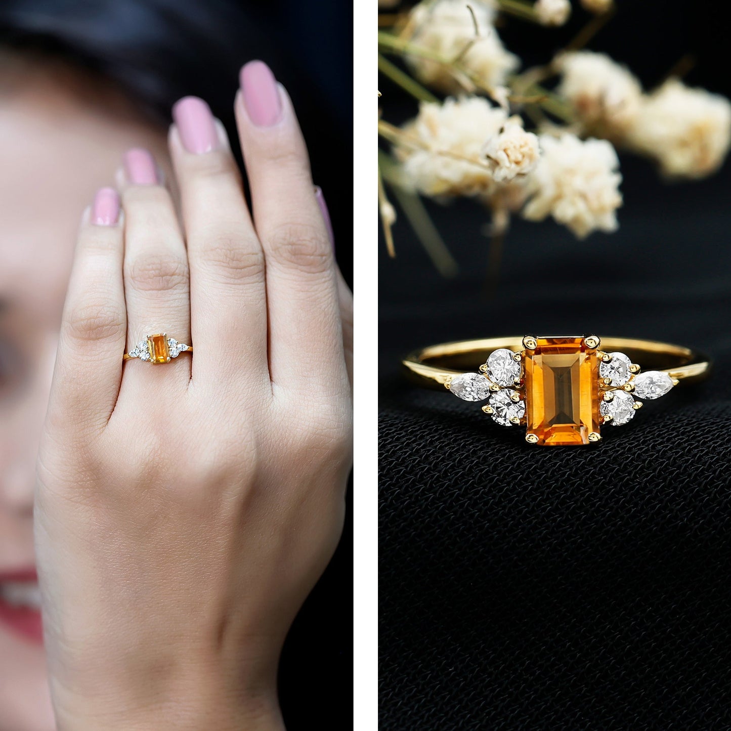 Natural 0.6 Carat Citrine Emerald Cut Engagement Ring with Diamond Trio