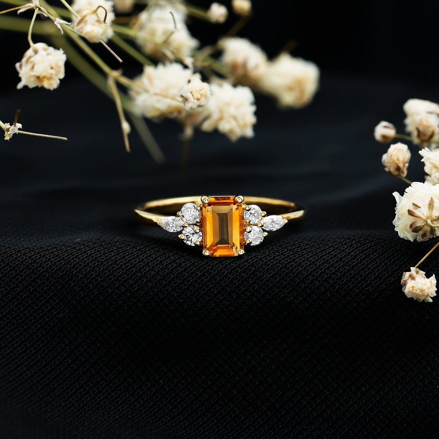 Natural 0.6 Carat Citrine Emerald Cut Engagement Ring with Diamond Trio