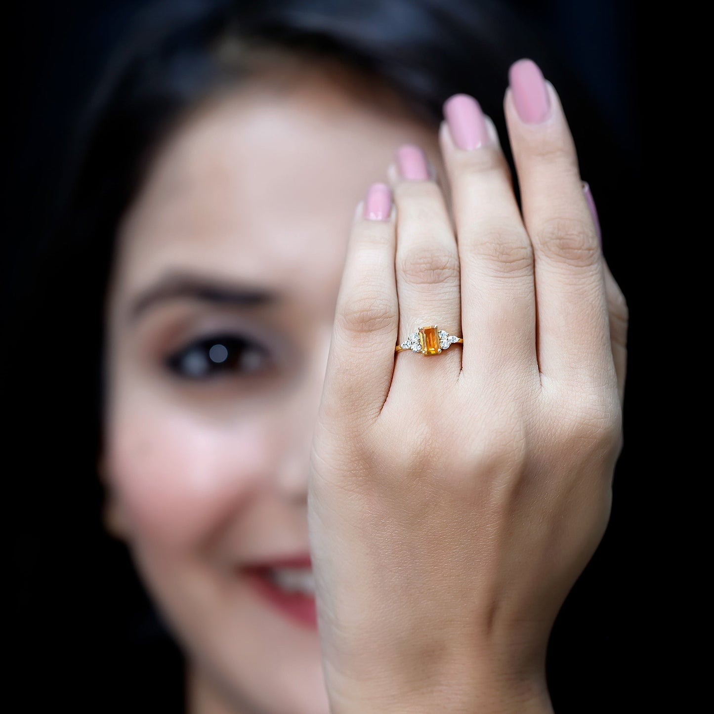 Natural 0.6 Carat Citrine Emerald Cut Engagement Ring with Diamond Trio