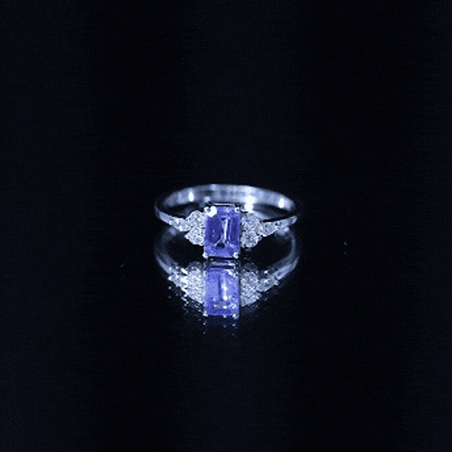 Genuine Tanzanite and Diamond Emerald Cut Engagement Ring in Silver