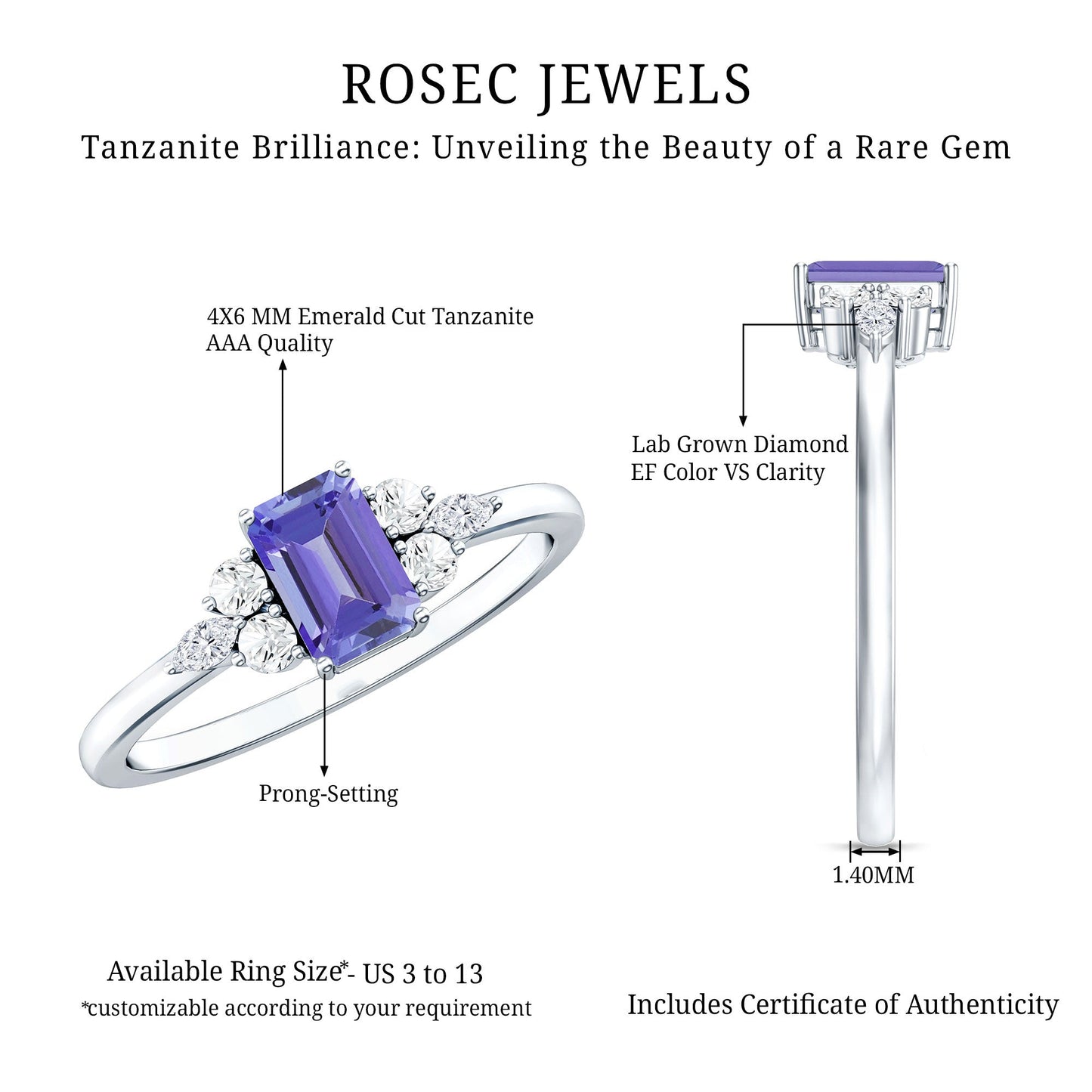 Genuine Tanzanite and Diamond Emerald Cut Engagement Ring in Silver