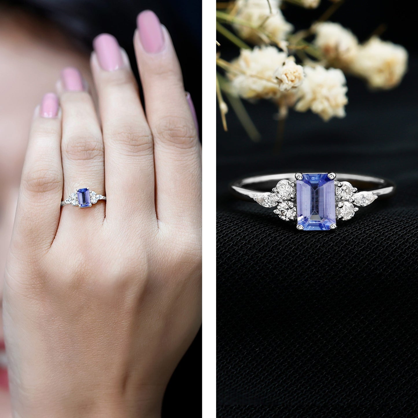 Genuine Tanzanite and Diamond Emerald Cut Engagement Ring in Silver
