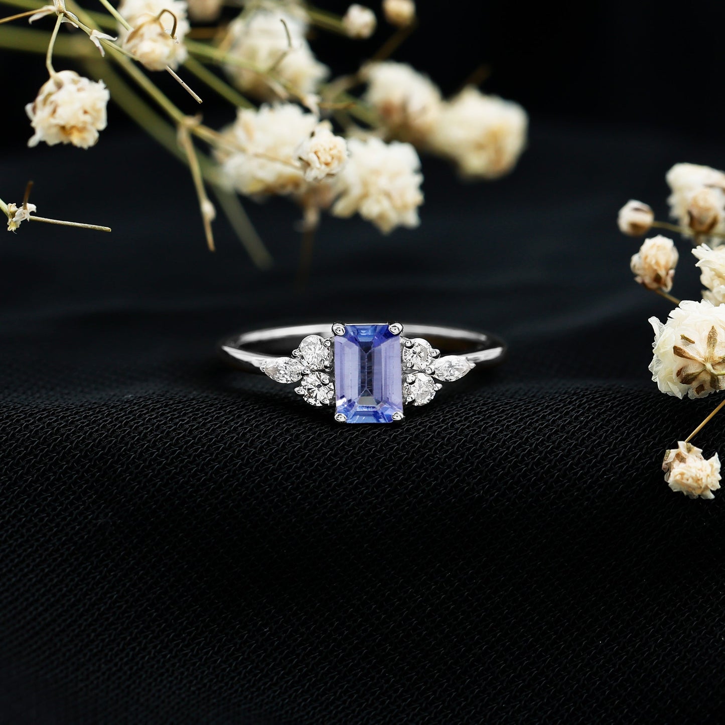 Genuine Tanzanite and Diamond Emerald Cut Engagement Ring in Silver