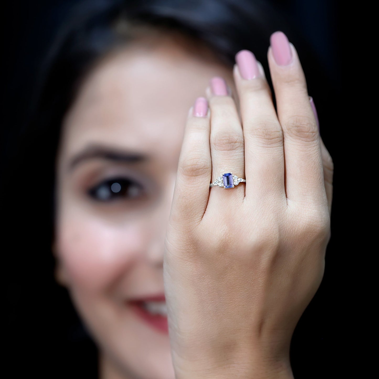 Genuine Tanzanite and Diamond Emerald Cut Engagement Ring in Silver