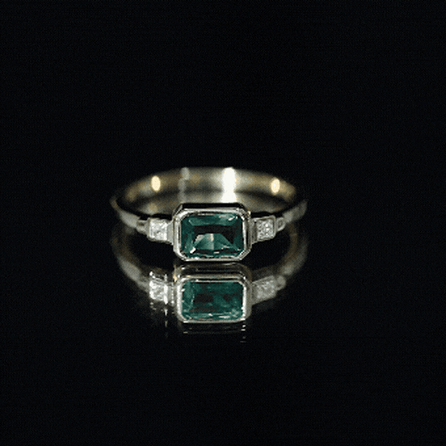1 Carat Lab Grown Emerald 3 Stone Engagement Ring with Diamond in East West Style