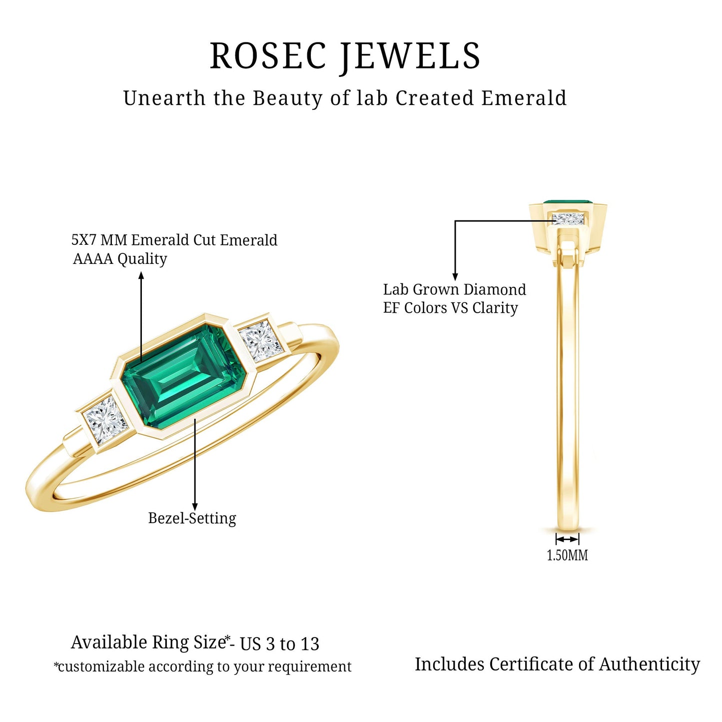 1 Carat Lab Grown Emerald 3 Stone Engagement Ring with Diamond in East West Style