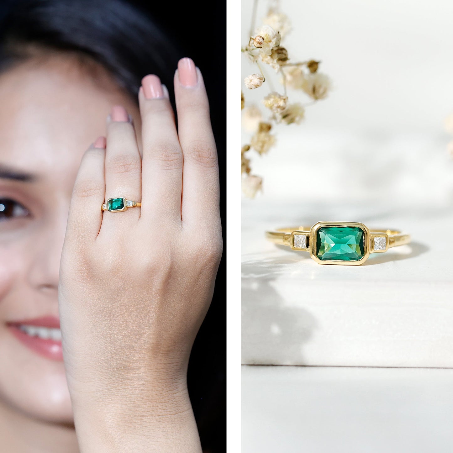 1 Carat Lab Grown Emerald 3 Stone Engagement Ring with Diamond in East West Style