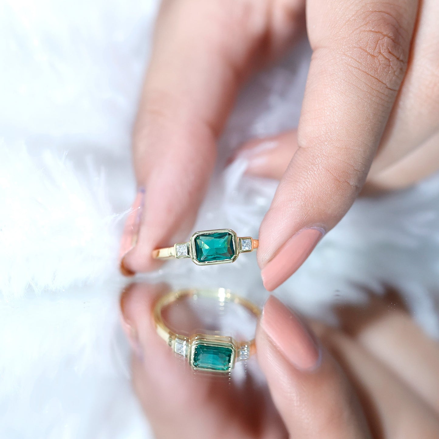 1 Carat Lab Grown Emerald 3 Stone Engagement Ring with Diamond in East West Style