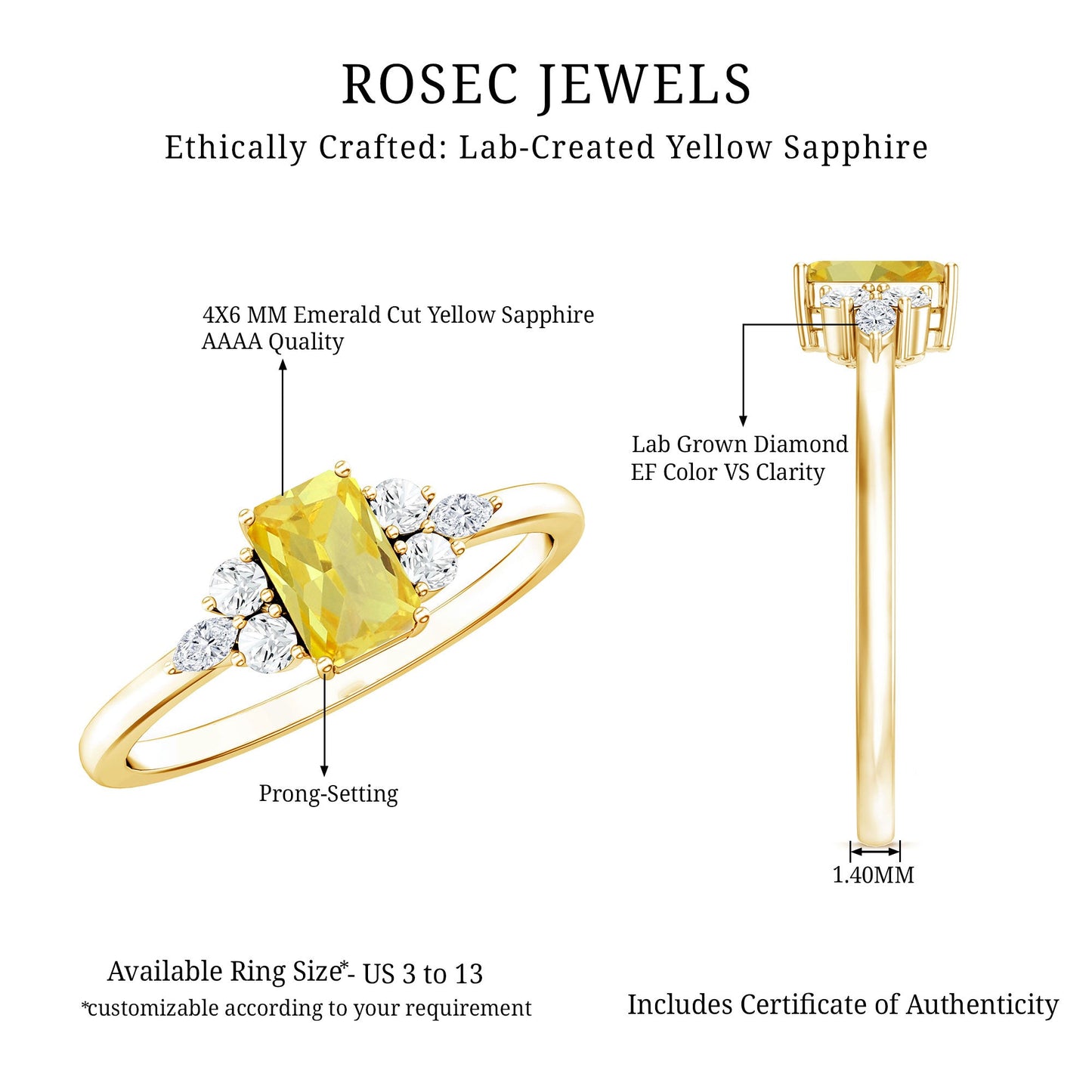 0.75 Carat Emerald Cut Lab Created Yellow Sapphire Promise Engagement Ring