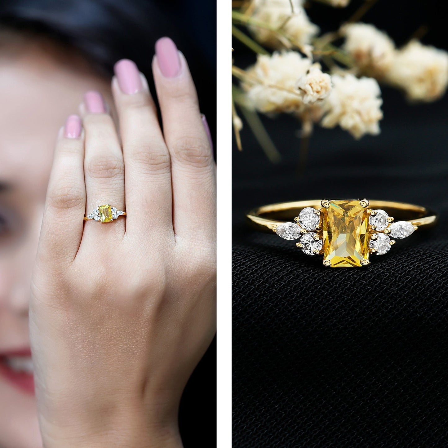 0.75 Carat Emerald Cut Lab Created Yellow Sapphire Promise Engagement Ring