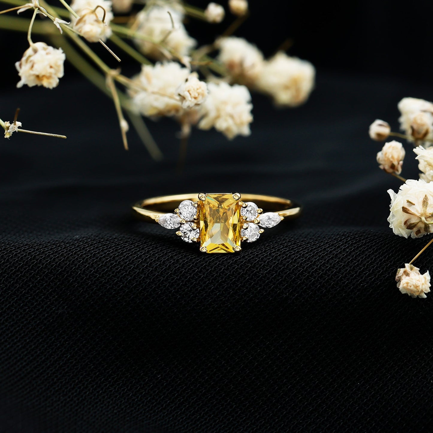 0.75 Carat Emerald Cut Lab Created Yellow Sapphire Promise Engagement Ring