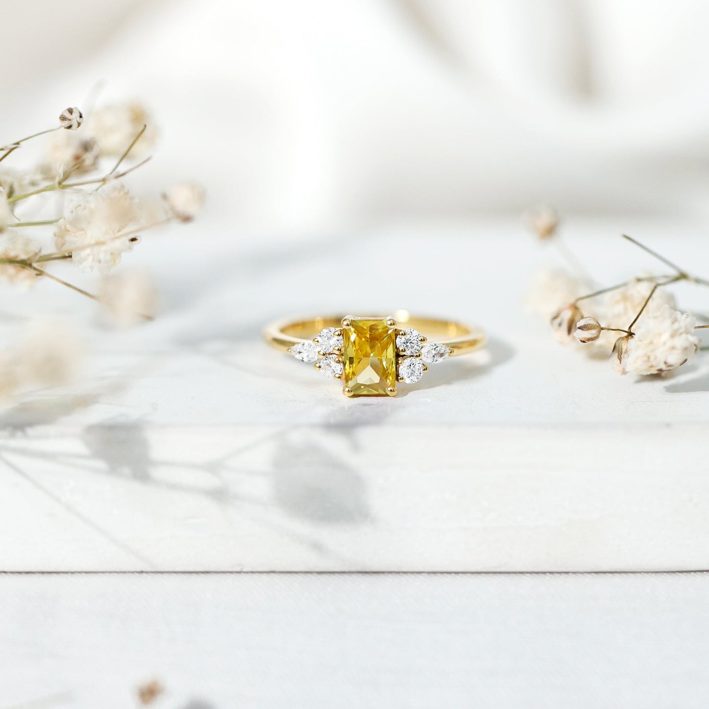 0.75 Carat Emerald Cut Lab Created Yellow Sapphire Promise Engagement Ring