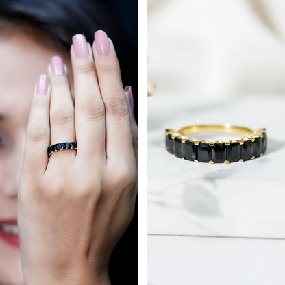 Emerald Cut Lab Created Black Diamond Half Eternity Band in Silver